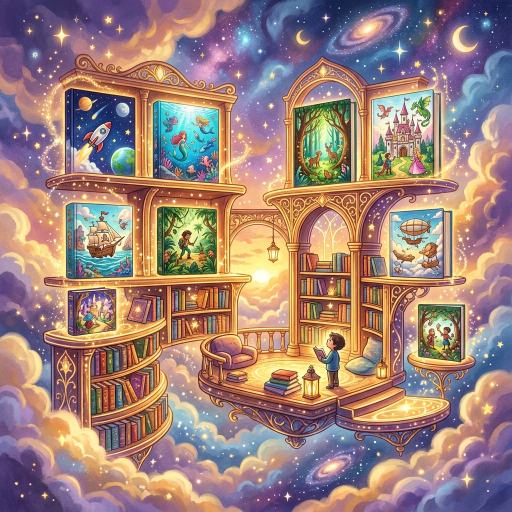 Magical floating library with storybook covers showing different adventures